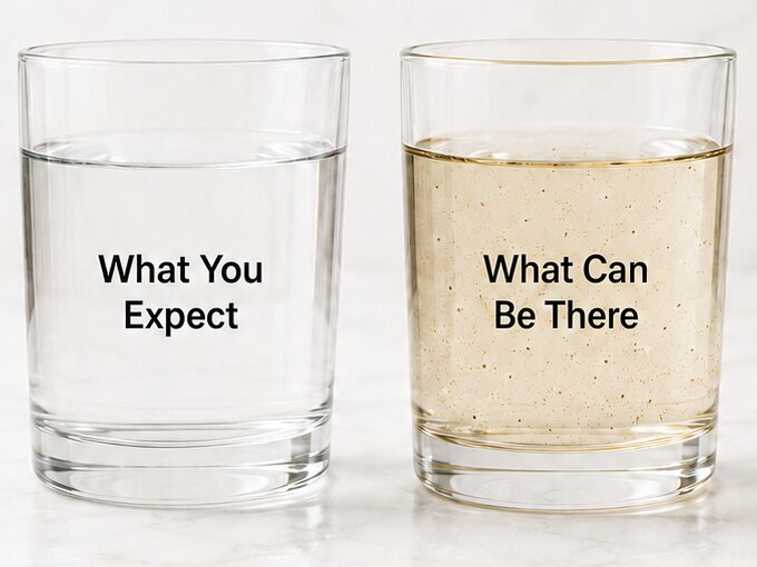 A glass of clear water next to a glass of cloudy tap water