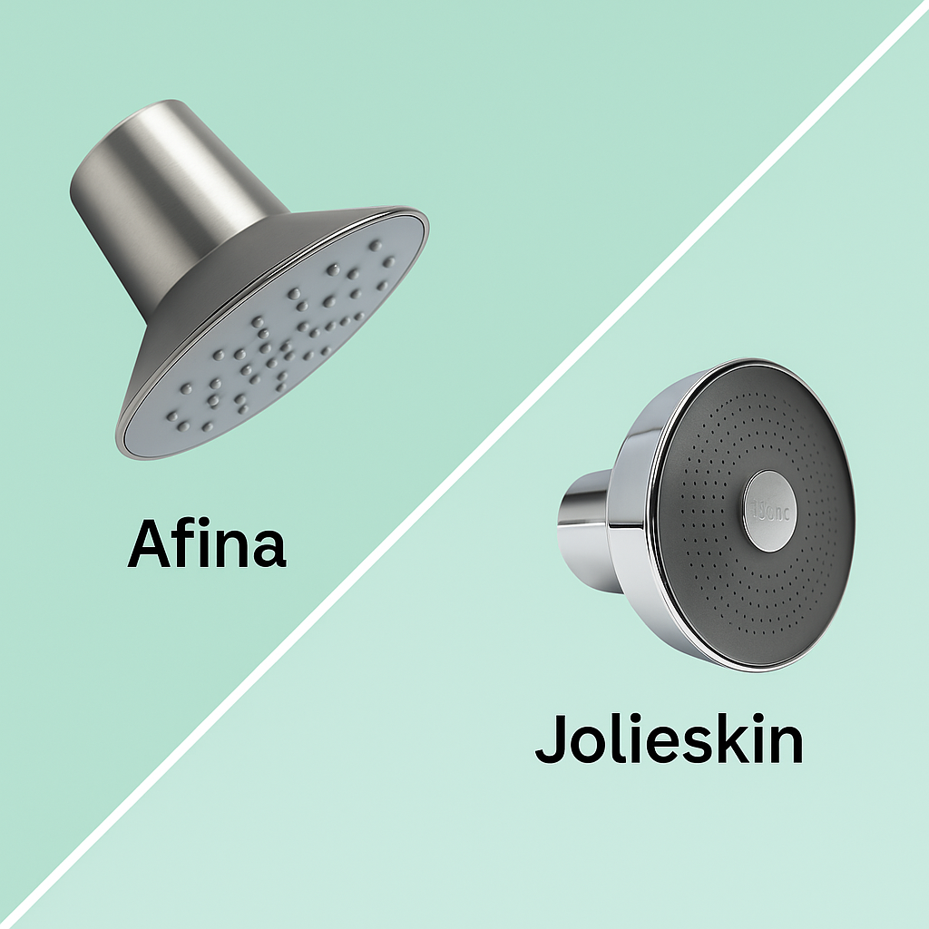 Side-by-side visual comparison of the Afina shower head and Jolieskin shower filter, highlighting design differences to help consumers choose the best option.