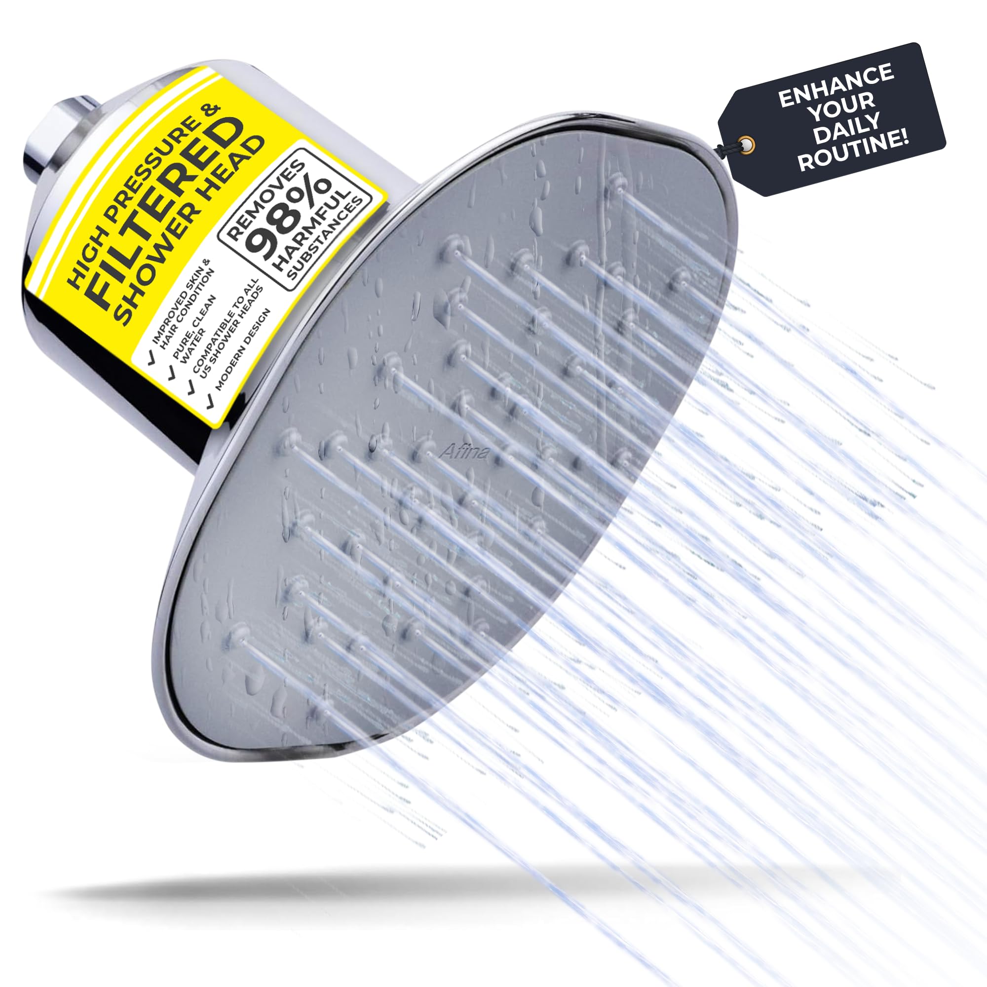 Afina high-pressure filtered shower head releasing clean water, featuring 99% contaminant reduction—designed to enhance your daily routine with improved water quality.