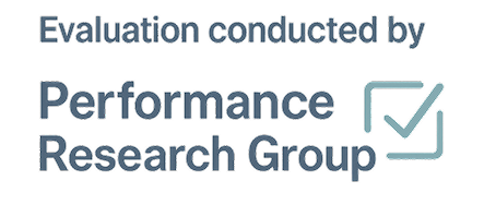 Official evaluation badge showing Afina shower head testing conducted by Performance Research Group for performance and quality comparison.