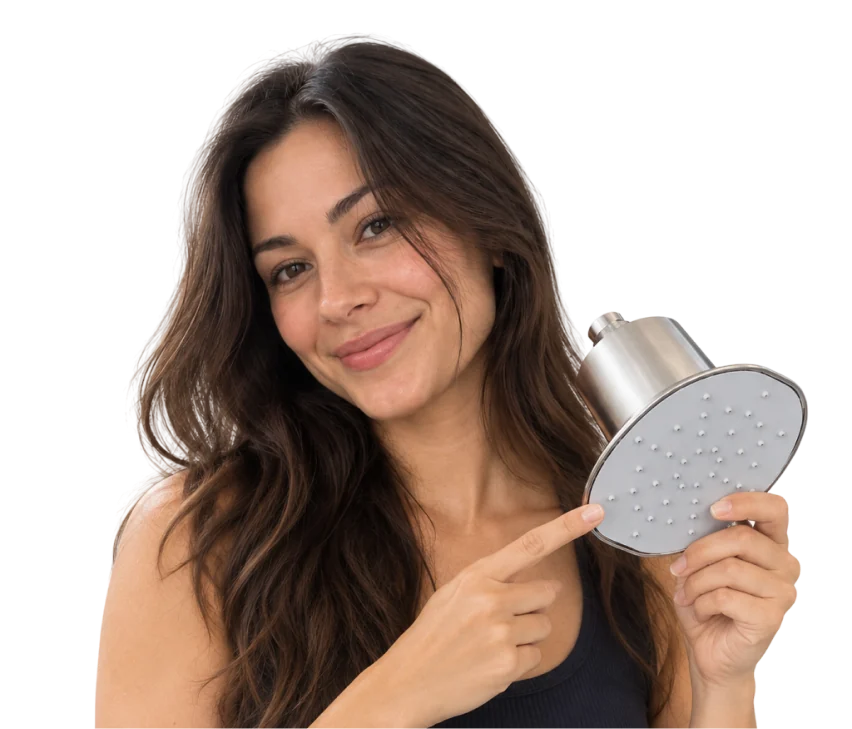 Woman pointing to the Afina showerhead she is holding