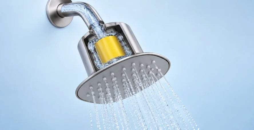 Water passing through the filter cartridge inside the Afina showerhead