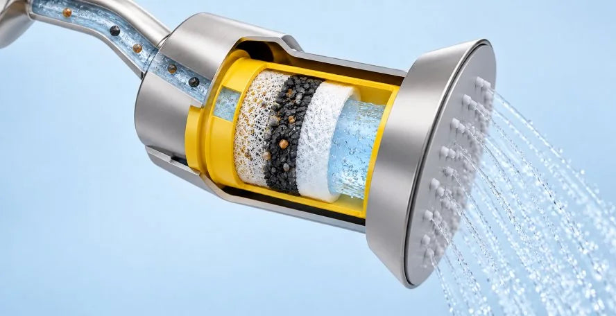 Cutaway of the filter layers reducing impurities in the water