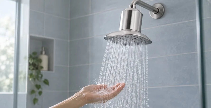 Filtered rainfall water from the Afina showerhead over an open hand